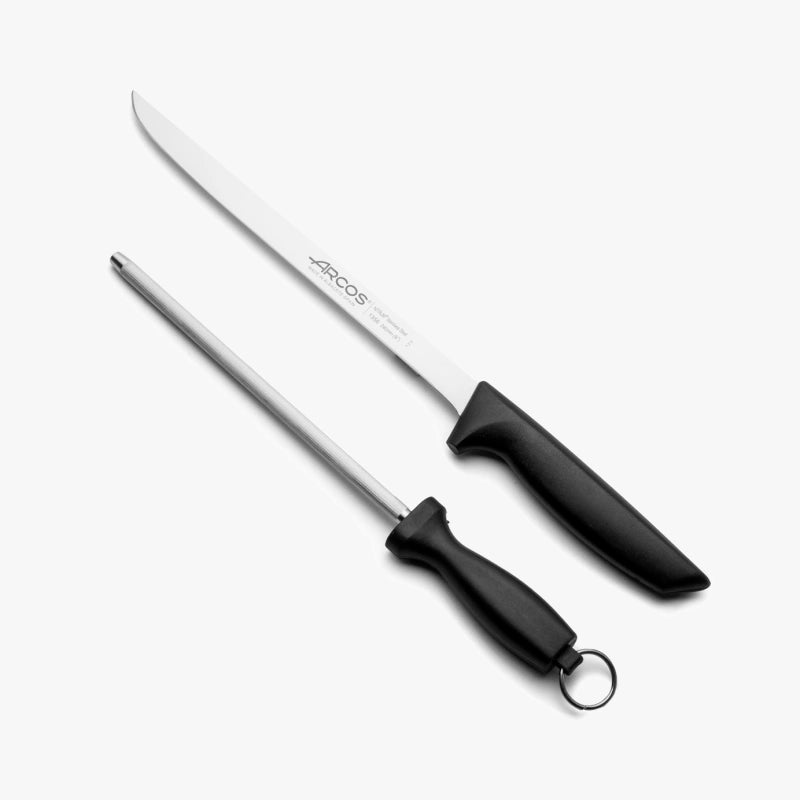 arcos-niza-set-jamonero-2-pezzi-con-coltello-da-prosciutto-240-mm-e-chaira-in-ac image 1